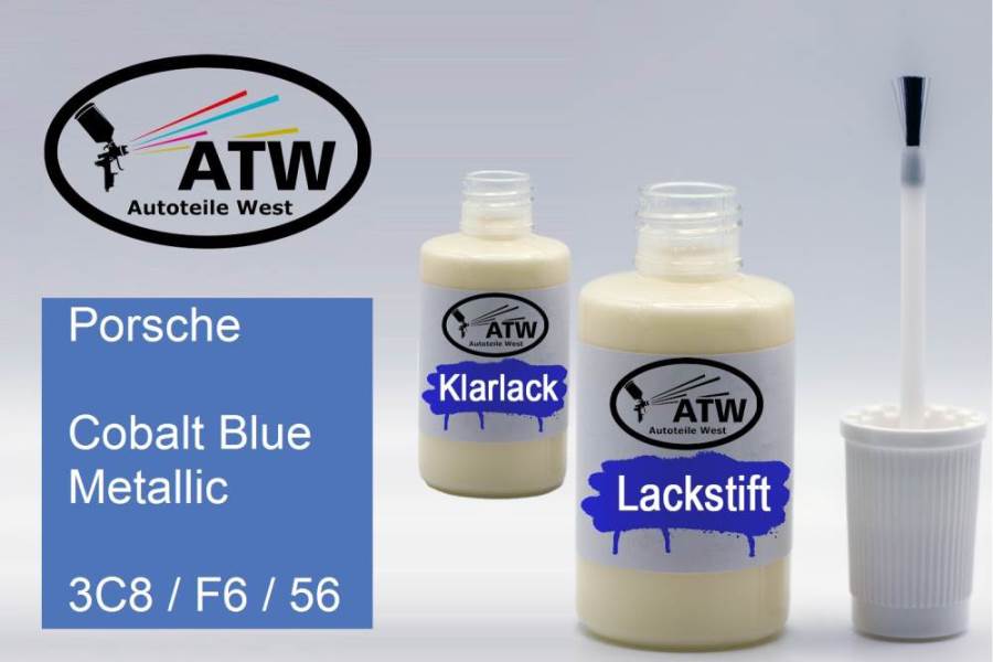 Porsche, Cobalt Blue Metallic, 3C8 / F6 / 56: 20ml Lackstift + 20ml Klarlack - Set, von ATW Autoteile West.